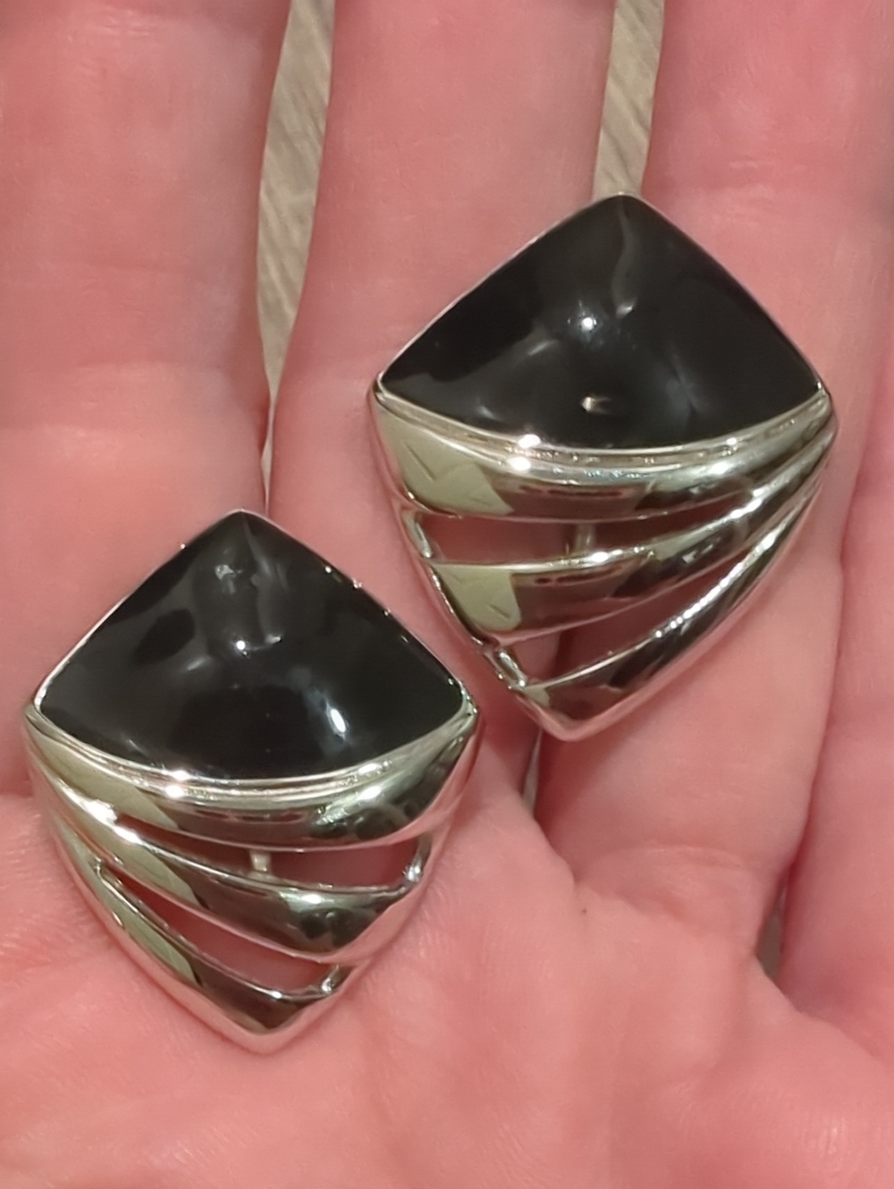 Vintage Trifari Black Silver-Tone Clip Earrings